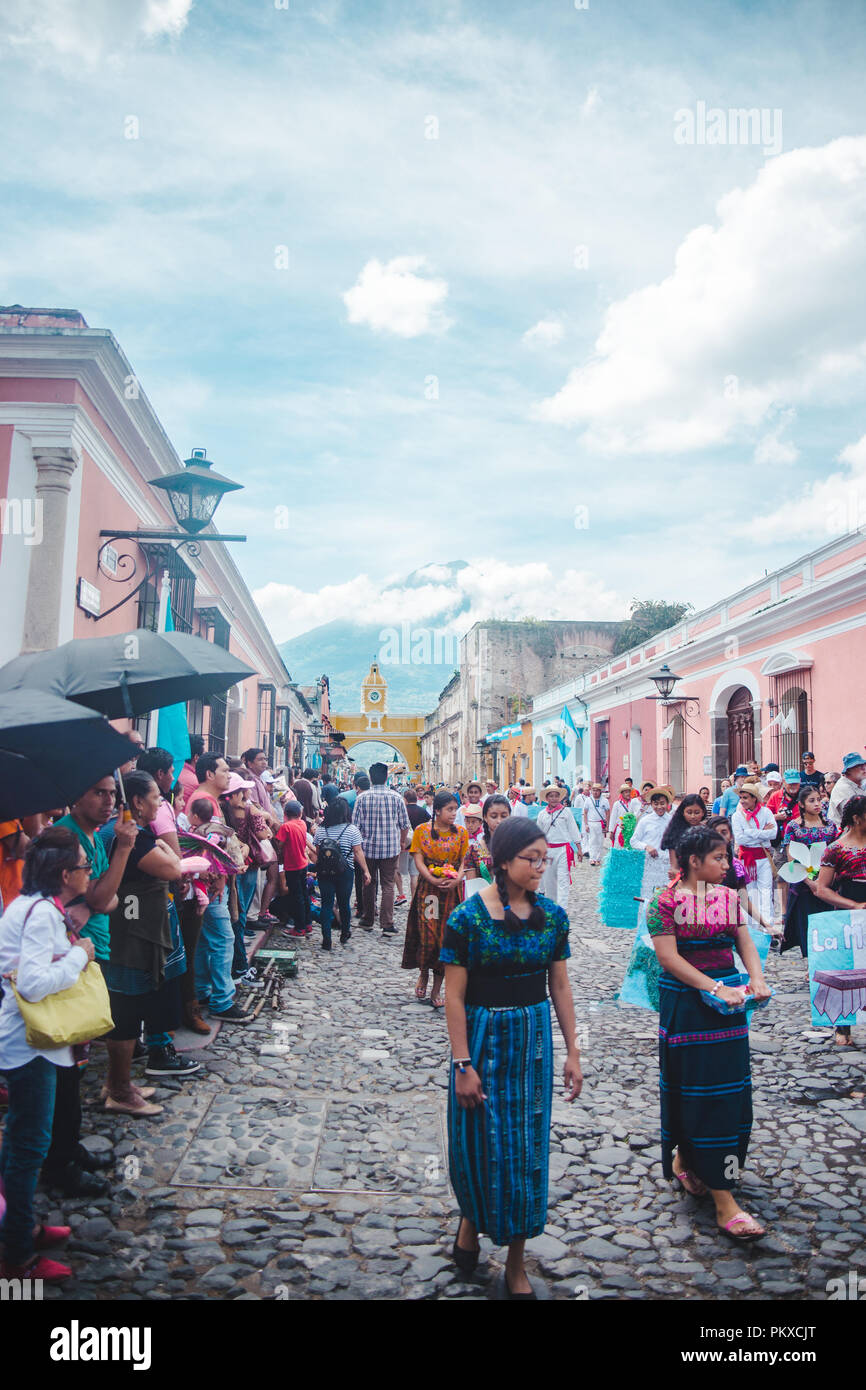 Children in traditional Mayan dress march in street parades for Dia de la Independencia 2018 (Independence day) in Antigua Guatemala Stock Photo