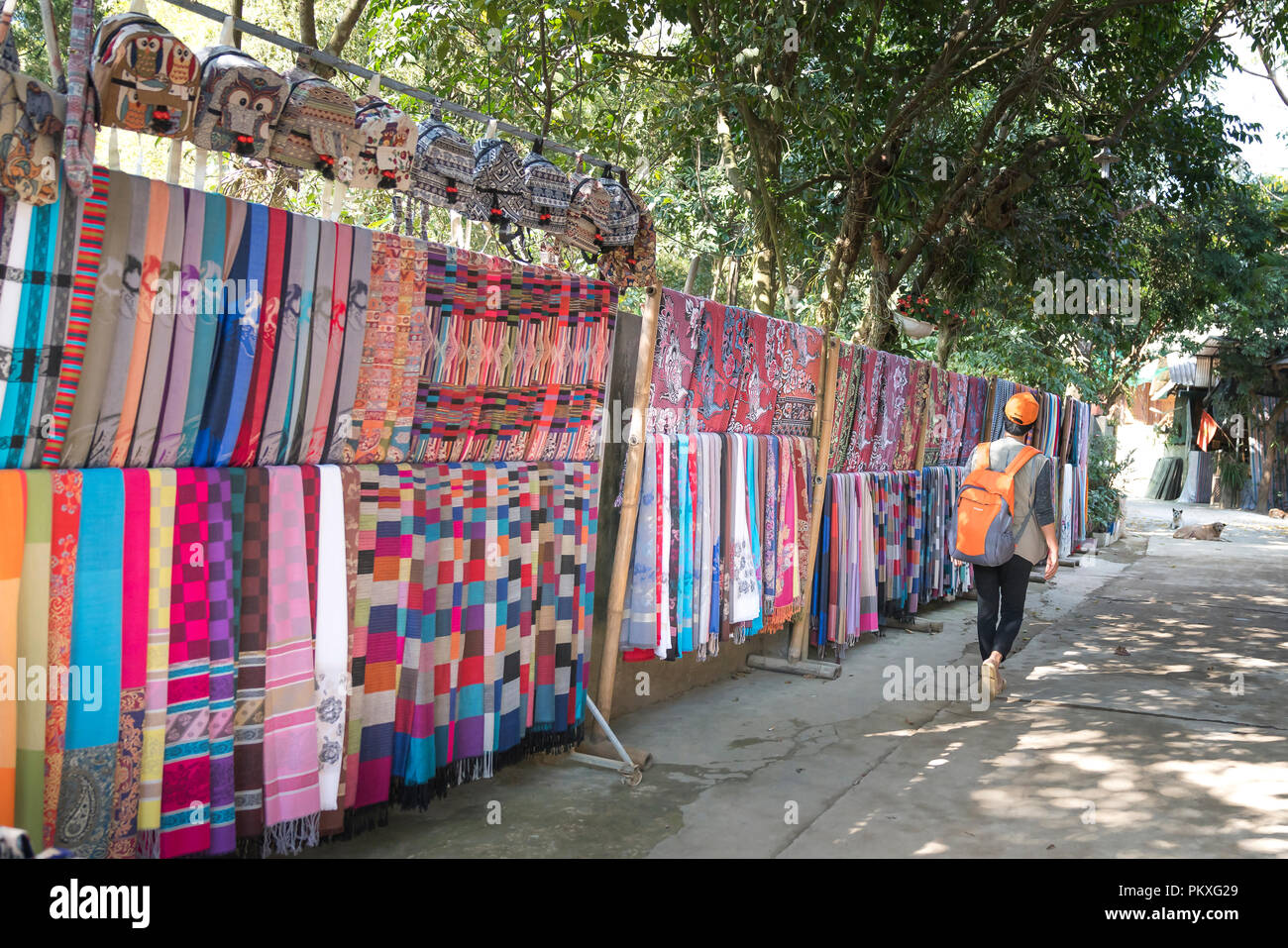 The shop selling handmade fabrics, skirts and brocade weaving made by
