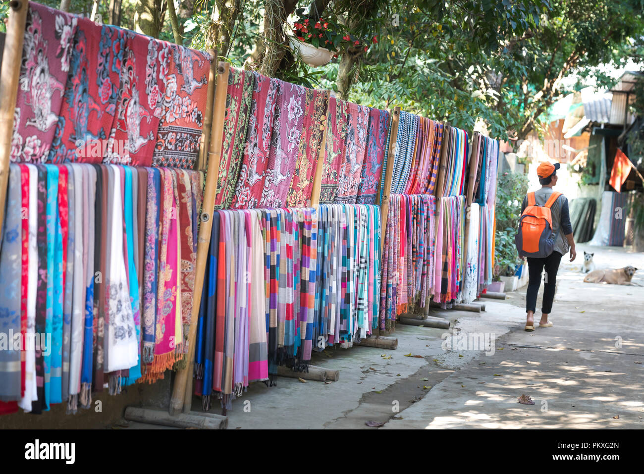 The shop selling handmade fabrics, skirts and brocade weaving made by