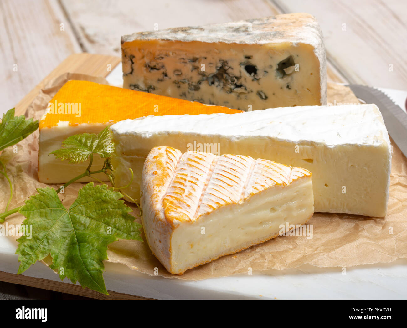 Tasting plate with four France cheeses, cream brie, marcaire, saint paulin and blue auvergne cheese, served with fresh ripe grapes close up Stock Photo