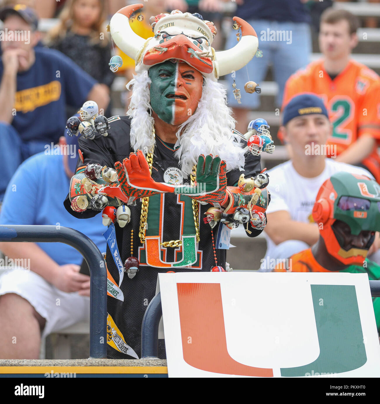 Toledo, Ohio, USA. 15th Sep, 2018. An enthusiastic Miami fan in the stands prior to the NCAA Football game between the Toledo Rockets and the Miami Hurricanes at the Glass Bowl in Toledo, Ohio. Kyle Okita/CSM/Alamy Live News Stock Photo