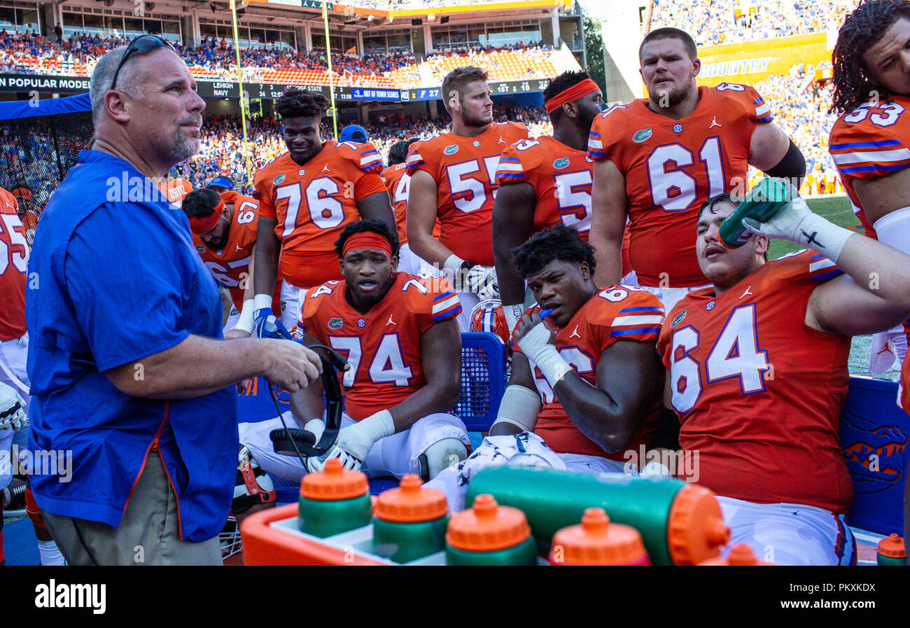 Florida, USA. 15h Sept 2018.  Florida Gators Co-Offensive Coordinator John Hevesy, left, during the first half of an NCAA football game against the Colorado State Rams at University of Florida. (Gary Lloyd McCullough/Cal Sport Media) Credit: Cal Sport Media/Alamy Live News Stock Photo