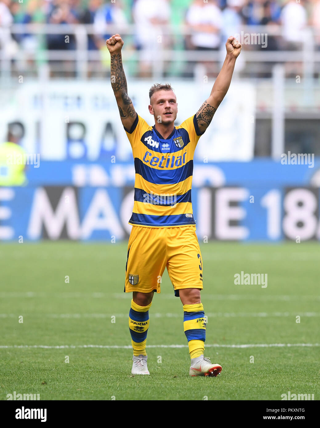 Milan, Italy. 15th Sep, 2018. Parma's Federico Dimarco celebrates his goal  during a Serie A soccer match between FC Inter and Parma in Milan, Italy,  Sept. 15, 2018. FC Inter lost 0-1.