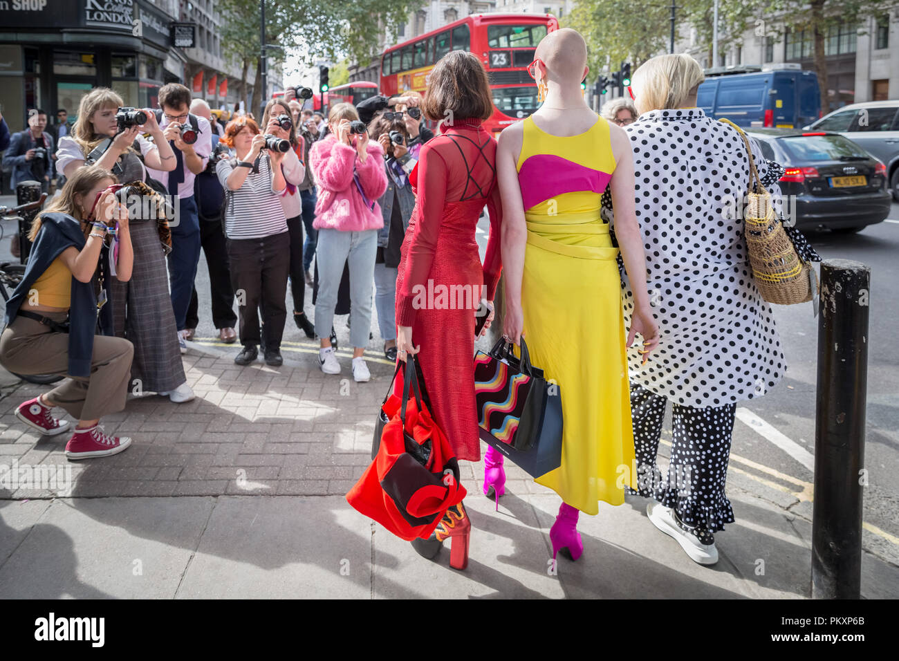 London, UK. 15th September, 2018. London Fashion Week. Designers, journalists, bloggers and fashion students arrive wearing personalised fashion creations for the various shows and events. Credit: Guy Corbishley/Alamy Live News Stock Photo