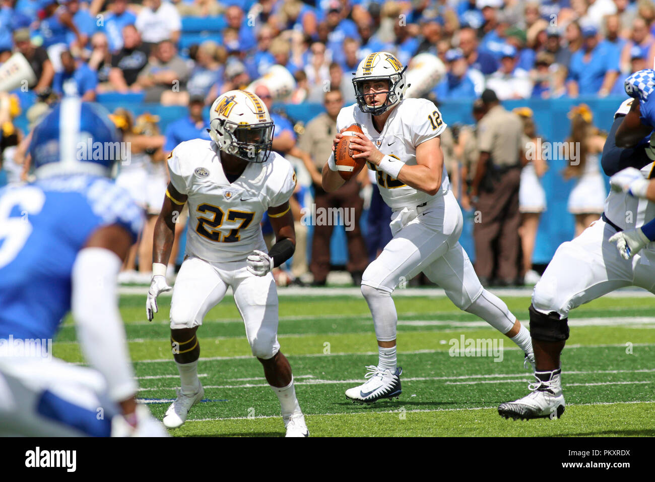 Lexington, Kentucky, USA. 15th Sep, 2018. Murray State Racers QB Drew Anderson (12) looks to throw during an NCAA football game between the Kentucky Wildcats and the Murray State Racers at Kroger Field in Lexington, Kentucky. Kevin Schultz/CSM/Alamy Live News Stock Photo