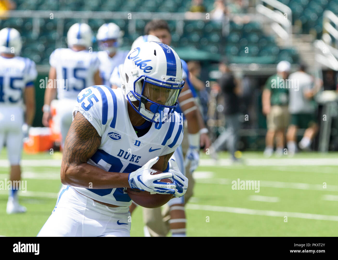 Waco, Texas, USA. 15th Sep, 2018. Duke Blue Devils safety Leonard Johnson (33) catches a pass before the NCAA Football game between the Duke Blue Devils and the Baylor Bears at McLane Stadium in Waco, Texas. Matthew Lynch/CSM/Alamy Live News Stock Photo