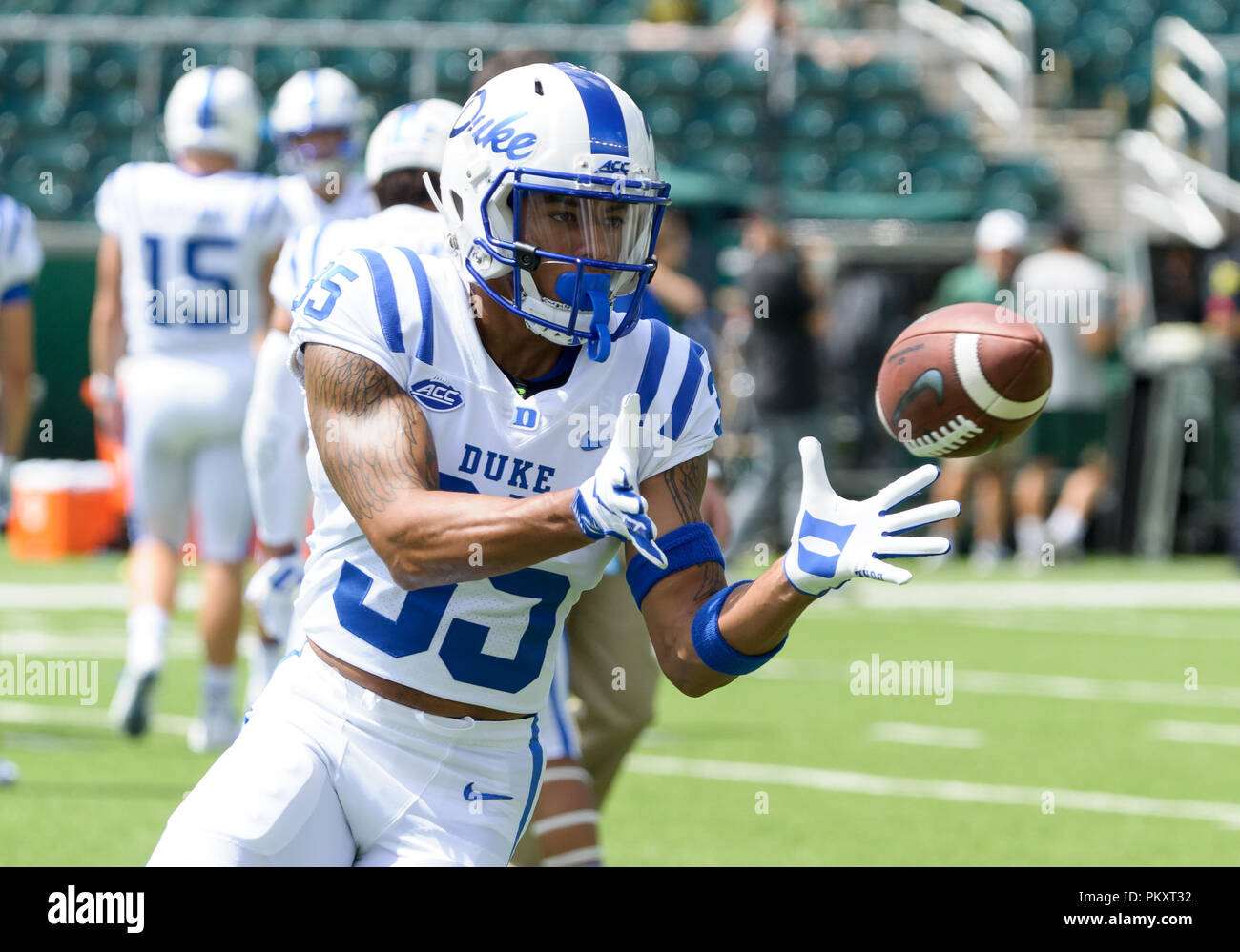 Waco, Texas, USA. 15th Sep, 2018. Duke Blue Devils safety Leonard Johnson (33) catches a pass before the NCAA Football game between the Duke Blue Devils and the Baylor Bears at McLane Stadium in Waco, Texas. Matthew Lynch/CSM/Alamy Live News Stock Photo