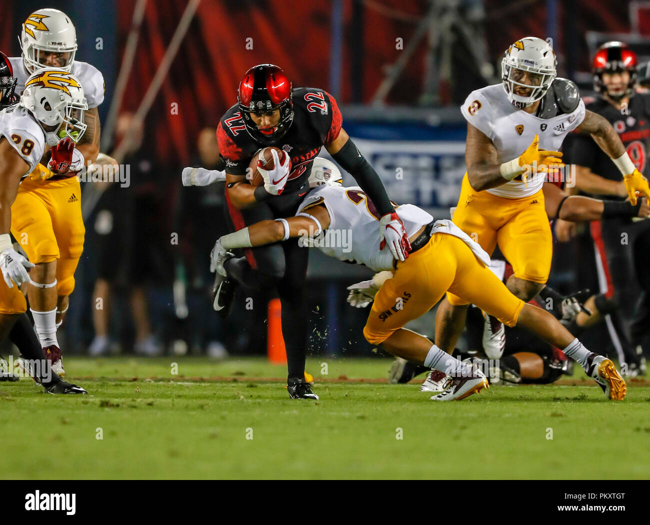 California, USA. September 15, 2018 :San Diego State Aztecs running back Chase Jasmin (22) takes the ball for a short gain against the Arizona State Sun Devils at SDCCU Stadium in San Diego, California. Michael Cazares/Cal Sport Media Credit: Cal Sport Media/Alamy Live News Stock Photo