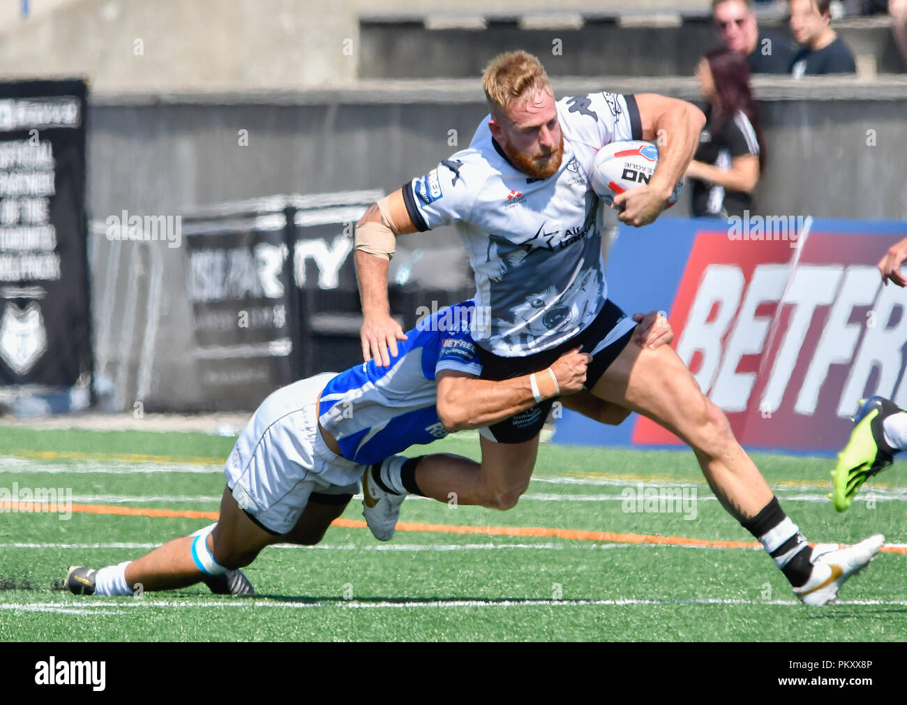 Lamport Stadium, Toronto, Ontario, Canada, 15th September 2018.   Gary Wheeler of Toronto Wolfpack on the attack against Toulouse Olympique during Toronto Wolfpack v Toulouse Olympique in the Super 8's The Qualifiers.   Credit: Touchlinepics/Alamy Live News Stock Photo