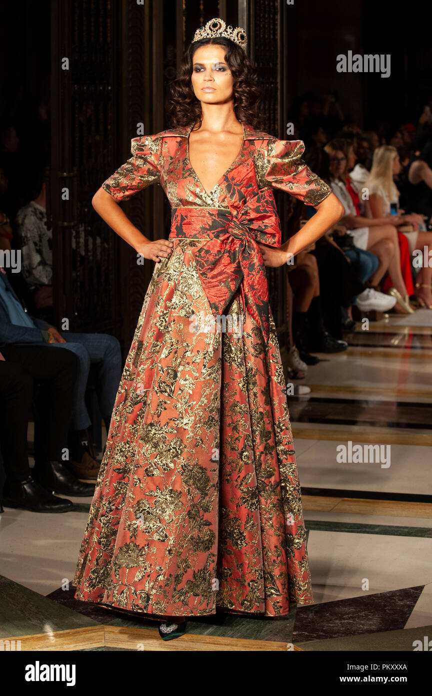 Rohmir returned to London Fashion Week with a new collection at Fashion Scout SS19, Freemason's Hall, Covent Garden, London, UK. Swiss designer Olga Roh's elegant and intricately-embroidered designs were worn by both models and ballerinas in a stunningly theatrical catwalk show. 15th September 2018. Credit: Antony Nettle/Alamy Live News Stock Photo