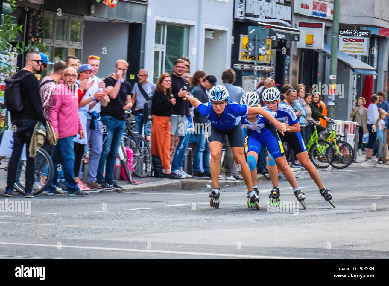 Berlin Germany, 15 September 2018. Annual Inline Skating Marathon. In line skaters pass through Rosenthaler Platz as they compete in the annual roller skating event. The event is the Grand Finale of the Inline skating season as skaters participants from 60 countries compete for the WORLD and GERMAN INLINE CUP Credit: Eden Breitz/Alamy Live News Stock Photo