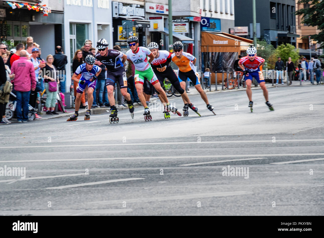 Berlin Germany, 15 September 2018. Annual Inline Skating Marathon. In line skaters pass through Rosenthaler Platz as they compete in the annual roller skating event. The event is the Grand Finale of the Inline skating season as skaters participants from 60 countries compete for the WORLD and GERMAN INLINE CUP Credit: Eden Breitz/Alamy Live News Stock Photo