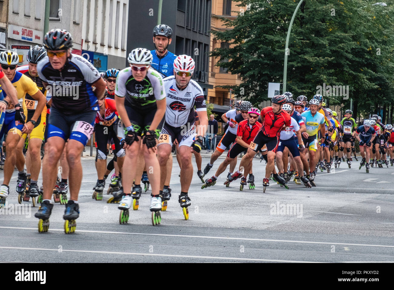 Berlin Germany, 15 September 2018. Annual Inline Skating Marathon. In line skaters pass through Rosenthaler Platz as they compete in the annual roller skating event. The event is the Grand Finale of the Inline skating season as skaters participants from 60 countries compete for the WORLD and GERMAN INLINE CUP Credit: Eden Breitz/Alamy Live News Stock Photo