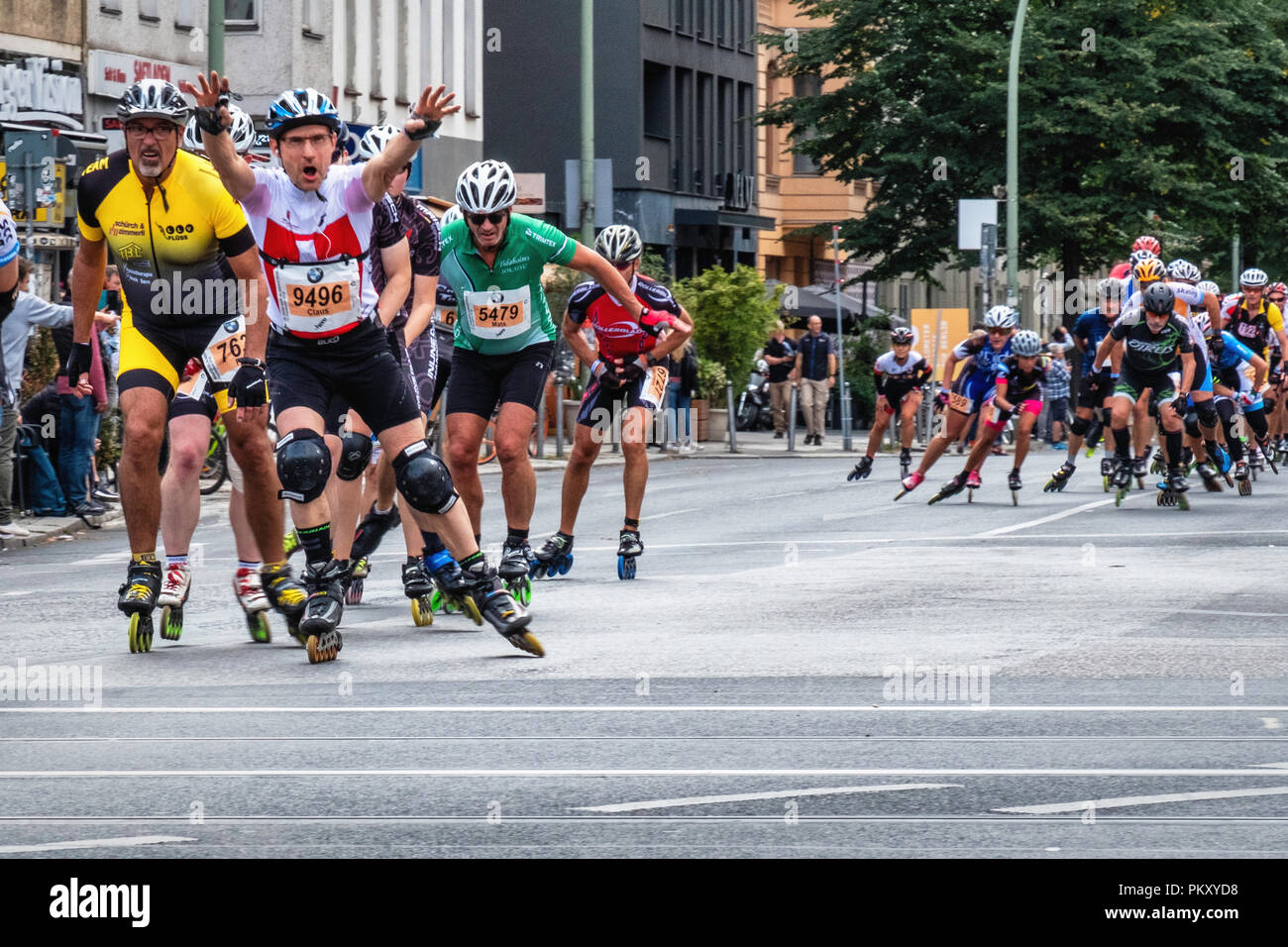 Berlin Germany, 15 September 2018. Annual Inline Skating Marathon. In line skaters pass through Rosenthaler Platz as they compete in the annual roller skating event. The event is the Grand Finale of the Inline skating season as skaters participants from 60 countries compete for the WORLD and GERMAN INLINE CUP Credit: Eden Breitz/Alamy Live News Stock Photo