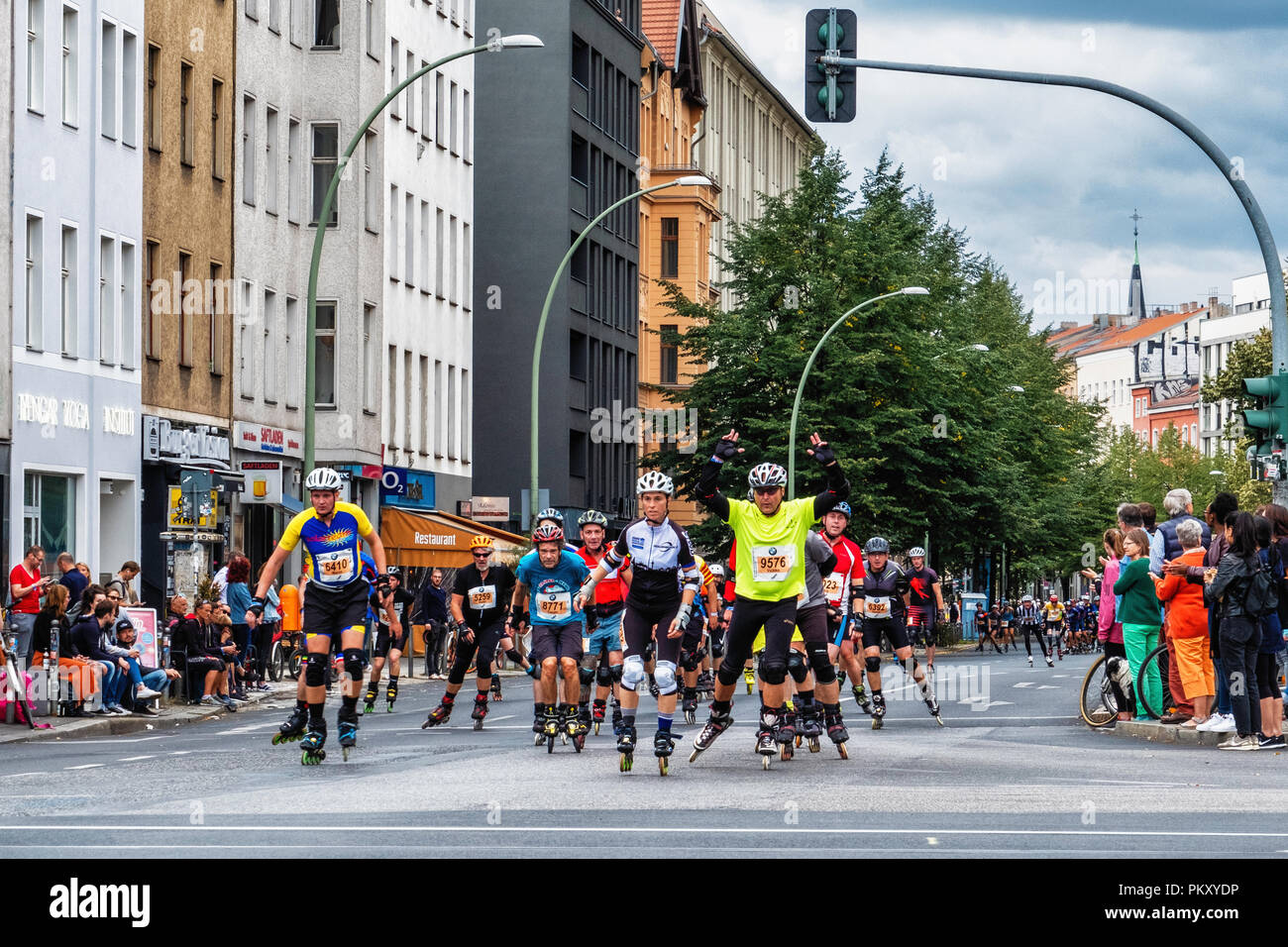Berlin Germany, 15 September 2018. Annual Inline Skating Marathon. In line skaters pass through Rosenthaler Platz as they compete in the annual roller skating event. The event is the Grand Finale of the Inline skating season as skaters participants from 60 countries compete for the WORLD and GERMAN INLINE CUP Credit: Eden Breitz/Alamy Live News Stock Photo
