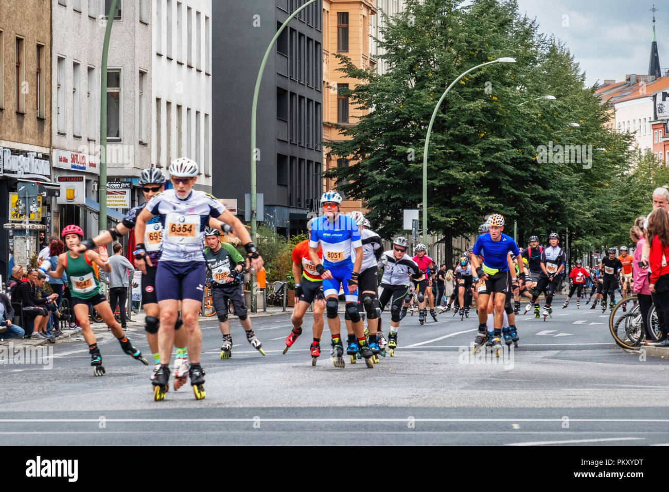 Berlin Germany, 15 September 2018. Annual Inline Skating Marathon. In line skaters pass through Rosenthaler Platz as they compete in the annual roller skating event. The event is the Grand Finale of the Inline skating season as skaters participants from 60 countries compete for the WORLD and GERMAN INLINE CUP Credit: Eden Breitz/Alamy Live News Stock Photo