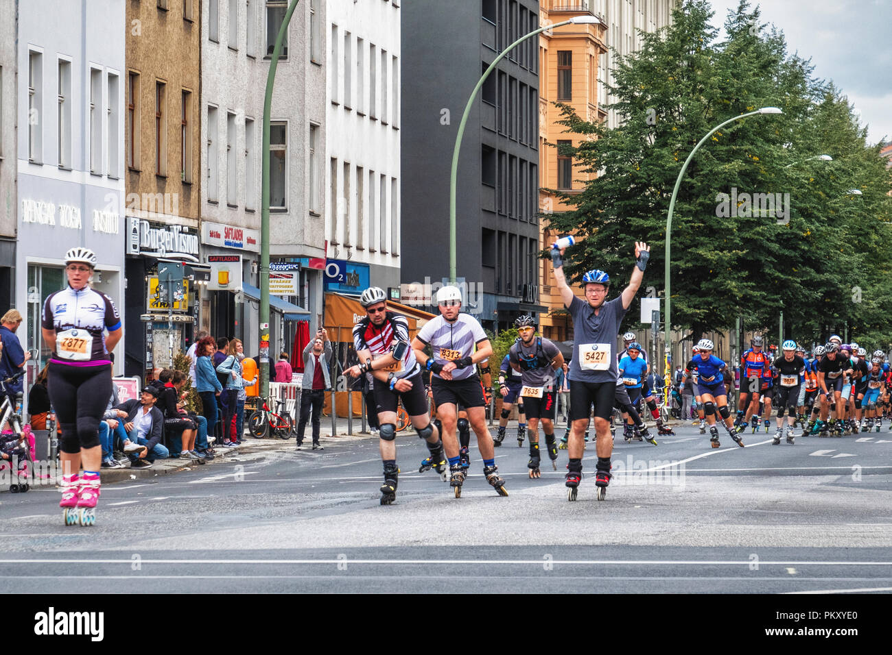 Berlin Germany, 15 September 2018. Annual Inline Skating Marathon. In line skaters pass through Rosenthaler Platz as they compete in the annual roller skating event. The event is the Grand Finale of the Inline skating season as skaters participants from 60 countries compete for the WORLD and GERMAN INLINE CUP Credit: Eden Breitz/Alamy Live News Stock Photo