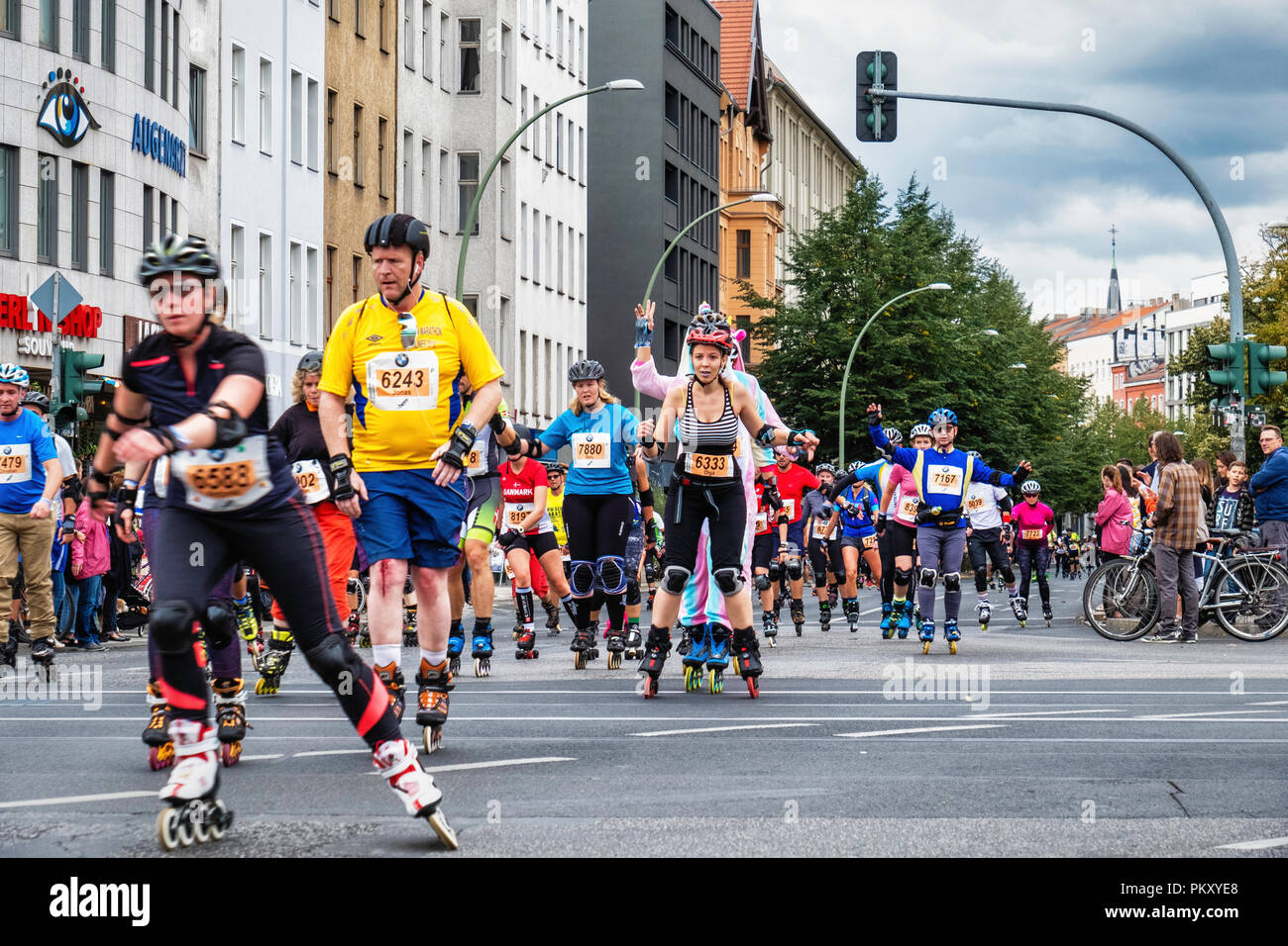 Berlin Germany, 15 September 2018. Annual Inline Skating Marathon. In line skaters pass through Rosenthaler Platz as they compete in the annual roller skating event. The event is the Grand Finale of the Inline skating season as skaters participants from 60 countries compete for the WORLD and GERMAN INLINE CUP Credit: Eden Breitz/Alamy Live News Stock Photo