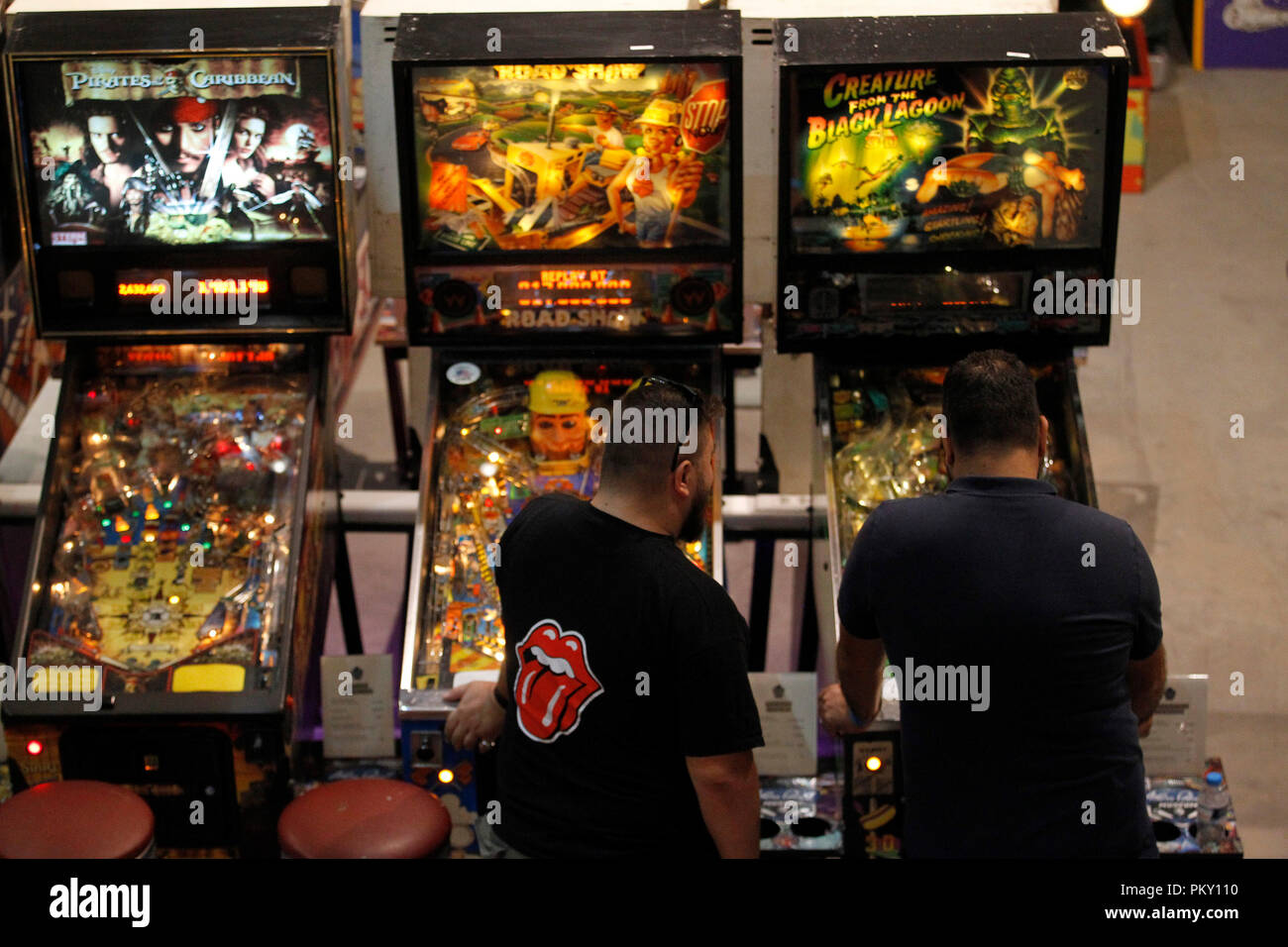 Athens, Greece. 15th Sep, 2018. Visitors of the Athens Pinball Museum play  games with a 10 euros admission in Athens, Greece, on Sept. 15, 2018. The  first Athens Pinball Museum has just