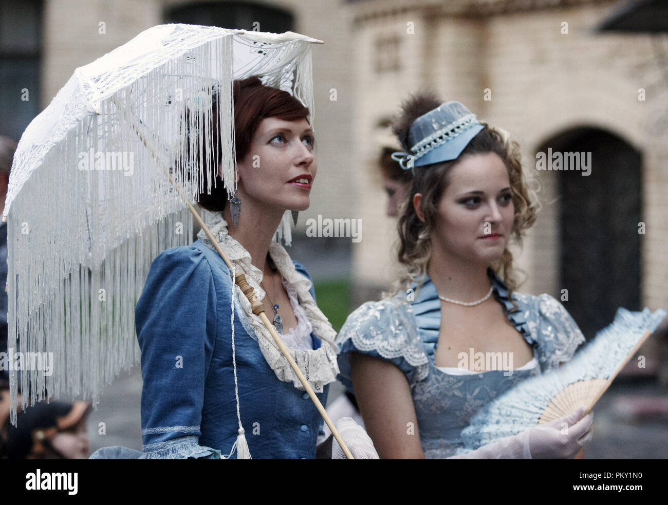 Kiev, Ukraine. 15th Sep, 2018. Women wearing steampunk costumes are seen during ''VI KyivSteamCon'' event in Kiev.The Steampunk festival involving workshops, talks, competitions, dances and lectures attracts fans of subgenre steampunk, cosplay and science fiction. Credit: Pavlo Gonchar/SOPA Images/ZUMA Wire/Alamy Live News Stock Photo