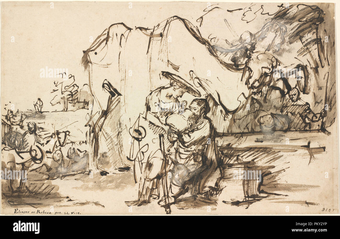 Eliezer and Rebecca at the Well. Dated: 1640s. Dimensions: overall: 21 x 33.2 cm (8 1/4 x 13 1/16 in.). Medium: reed pen and brown ink with brown wash and white gouache. Museum: National Gallery of Art, Washington DC. Author: REMBRANDT, HARMENSZOON VAN RIJN. Stock Photo