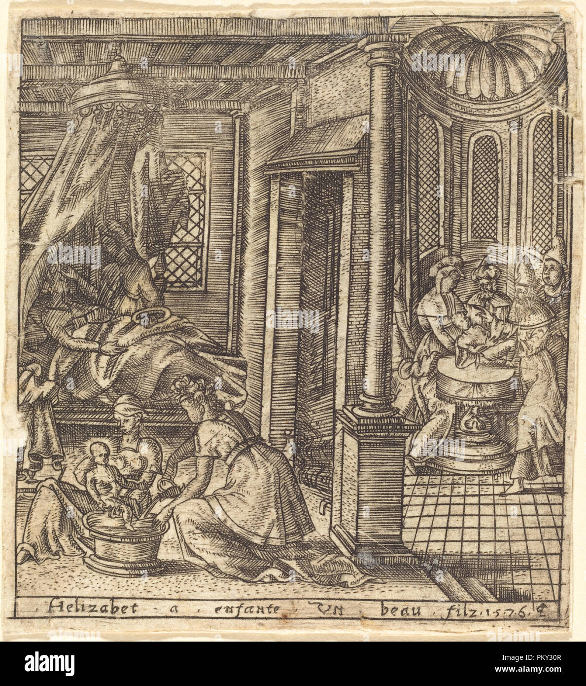 The Birth of John the Baptist. Dated: 1576. Medium: engraving. Museum: National Gallery of Art, Washington DC. Author: Léonard Gaultier. Stock Photo
