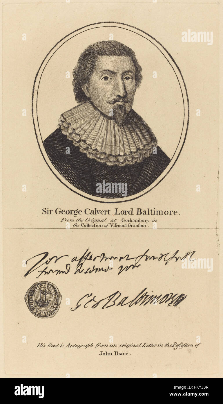 Sir George Calvert, Lord Baltimore. Medium: engraving. Museum: National Gallery of Art, Washington DC. Author: John Thane. Stock Photo