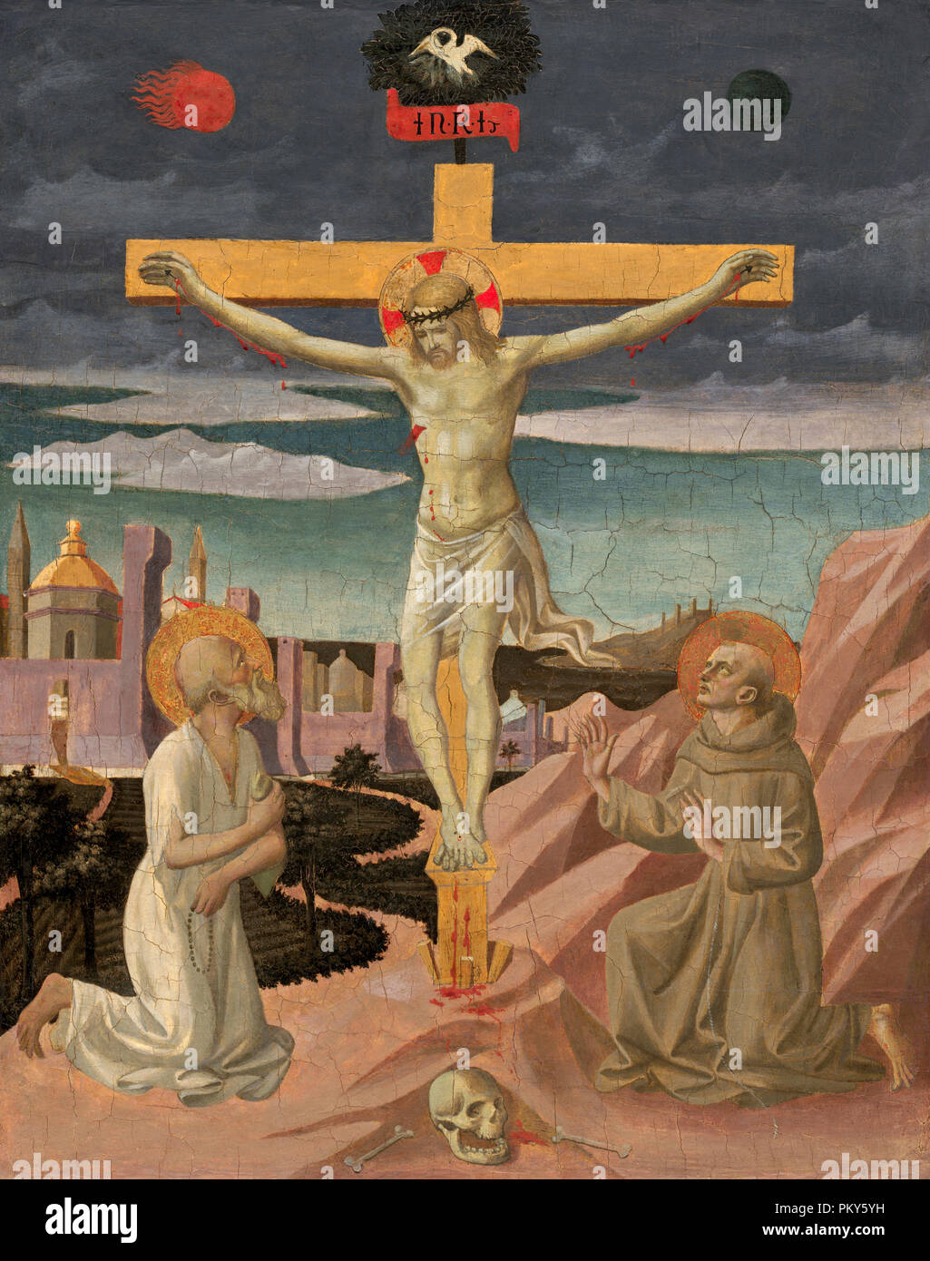 The Crucifixion with Saint Jerome and Saint Francis. Dated: c. 1445/1450. Dimensions: overall: 61.5 x 49.1 cm (24 3/16 x 19 5/16 in.)  framed: 96.5 x 75.6 x 10.2 cm (38 x 29 3/4 x 4 in.). Medium: tempera on poplar panel. Museum: National Gallery of Art, Washington DC. Author: Pesellino. Stock Photo