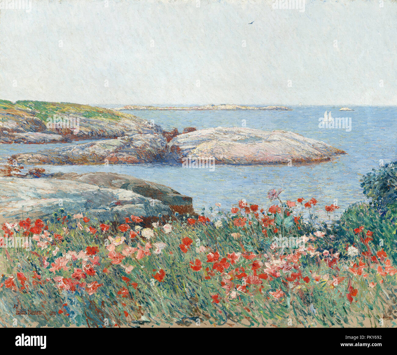 Poppies, Isles of Shoals. Dated: 1891. Dimensions: overall: 50.2 x 61 cm (19 3/4 x 24 in.)  framed: 73.5 x 83.8 x 6.7 cm (28 15/16 x 33 x 2 5/8 in.). Medium: oil on canvas. Museum: National Gallery of Art, Washington DC. Author: Childe Hassam. Stock Photo