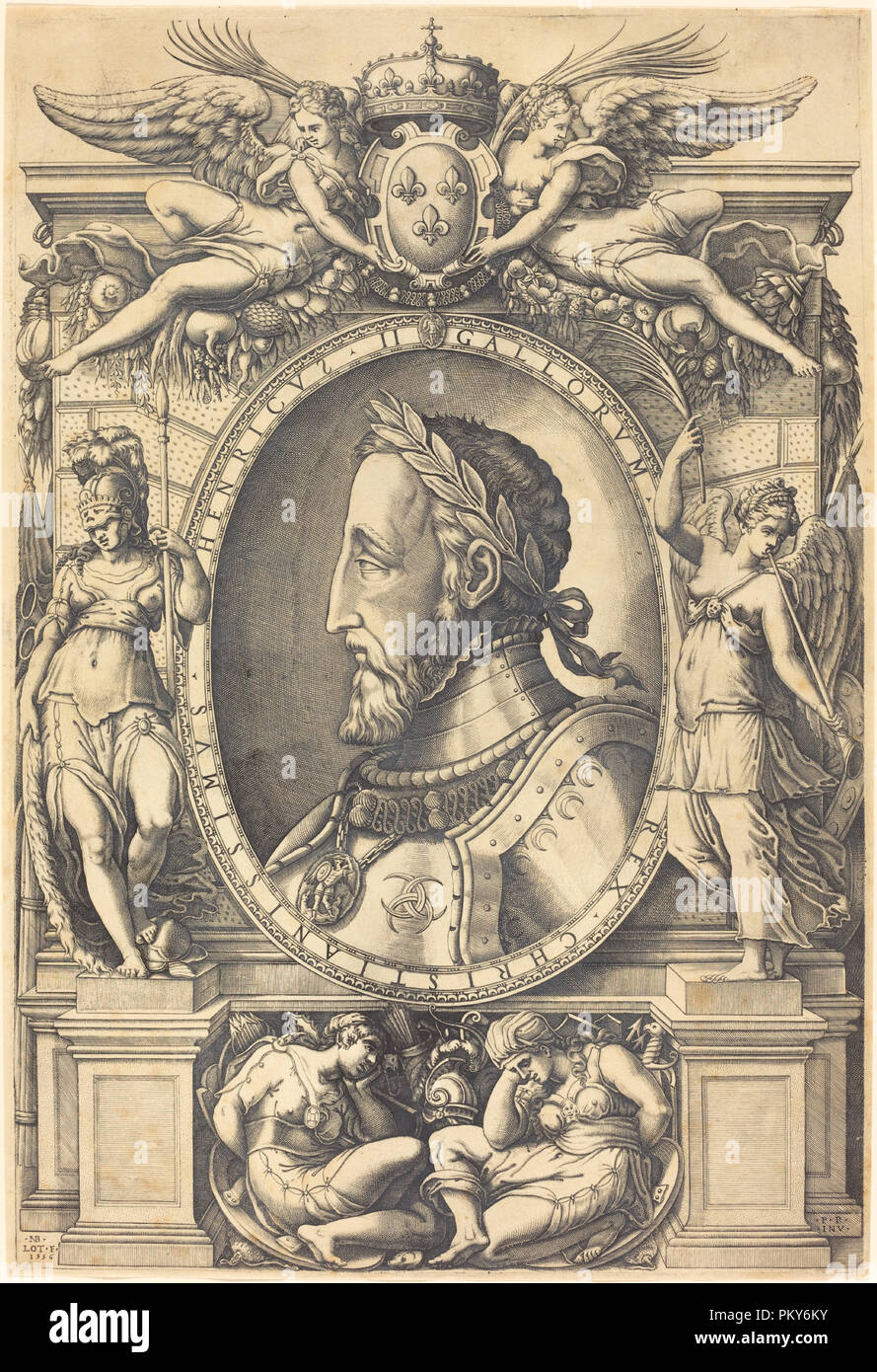 Henri II, King of France. Dated: 1556. Medium: engraving. Museum: National Gallery of Art, Washington DC. Author: Nicolaus Beatrizet. Nicolas Béatrizet. Stock Photo