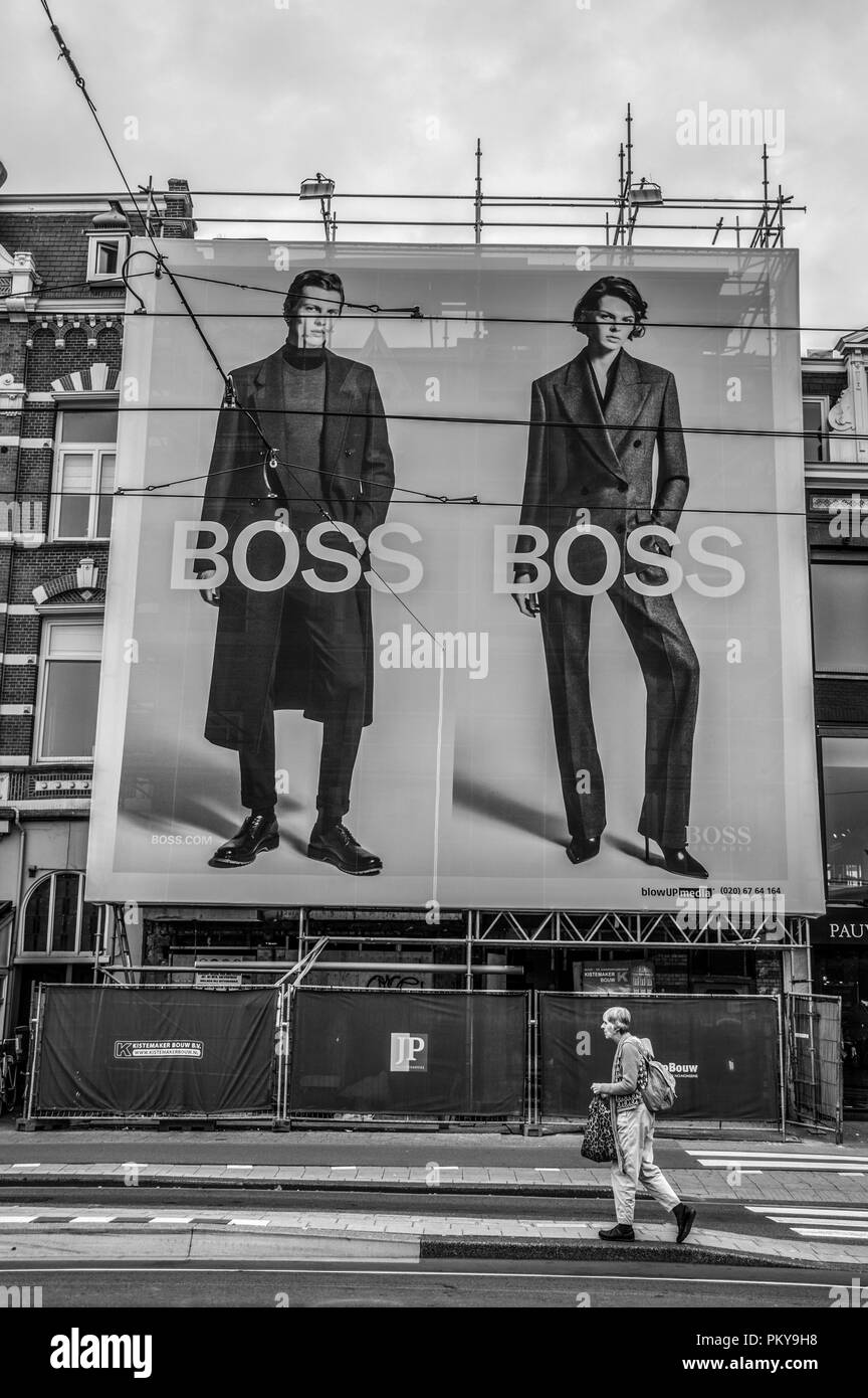 Billboard Hugo Boss At Amsterdam The Netherlands 2018 In Black And White Stock Photo