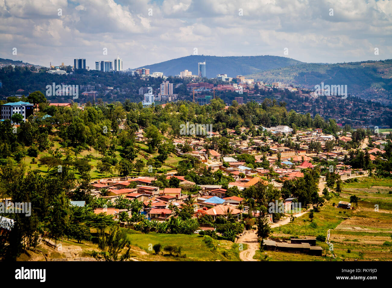 View of the downtown Kigali skyline from the Inzora Rooftop Cafe. Stock Photo