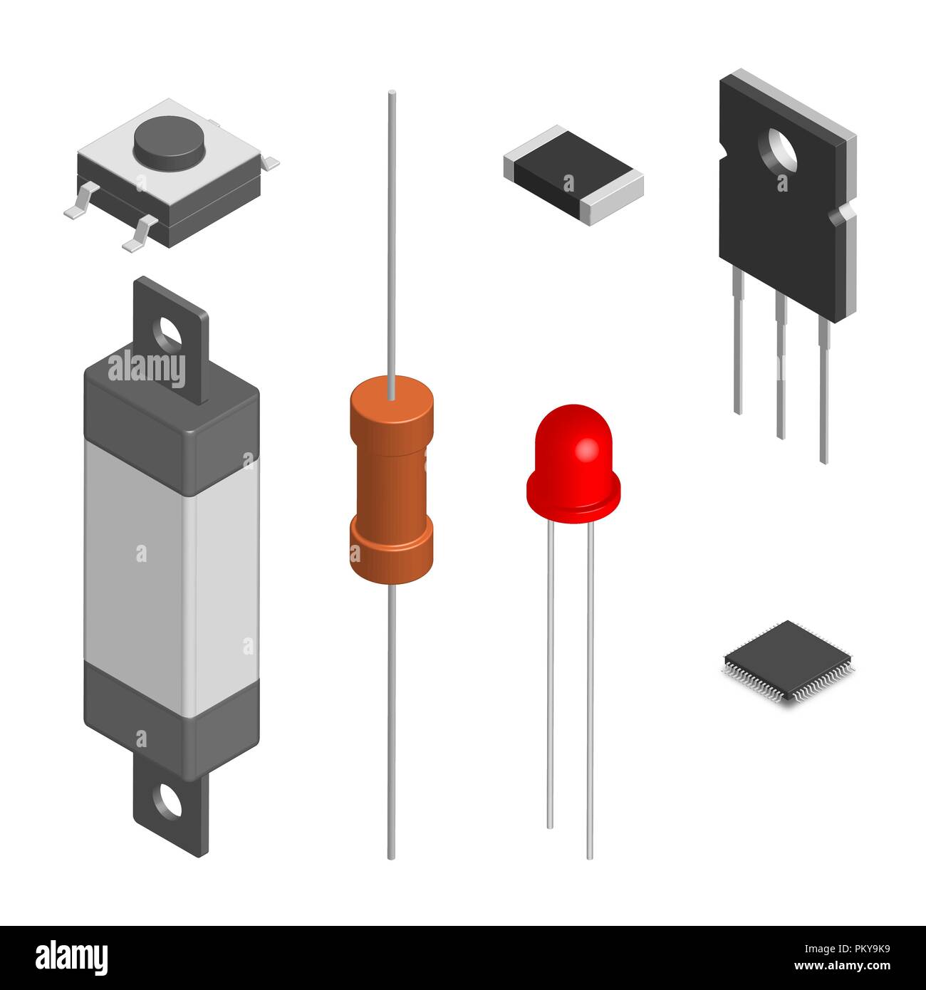 Set of different active and passive electronic components isolated on white  background. Resistor, capacitor, diode, microcircuit, fuse and button. 3D  Stock Vector Image & Art - Alamy
