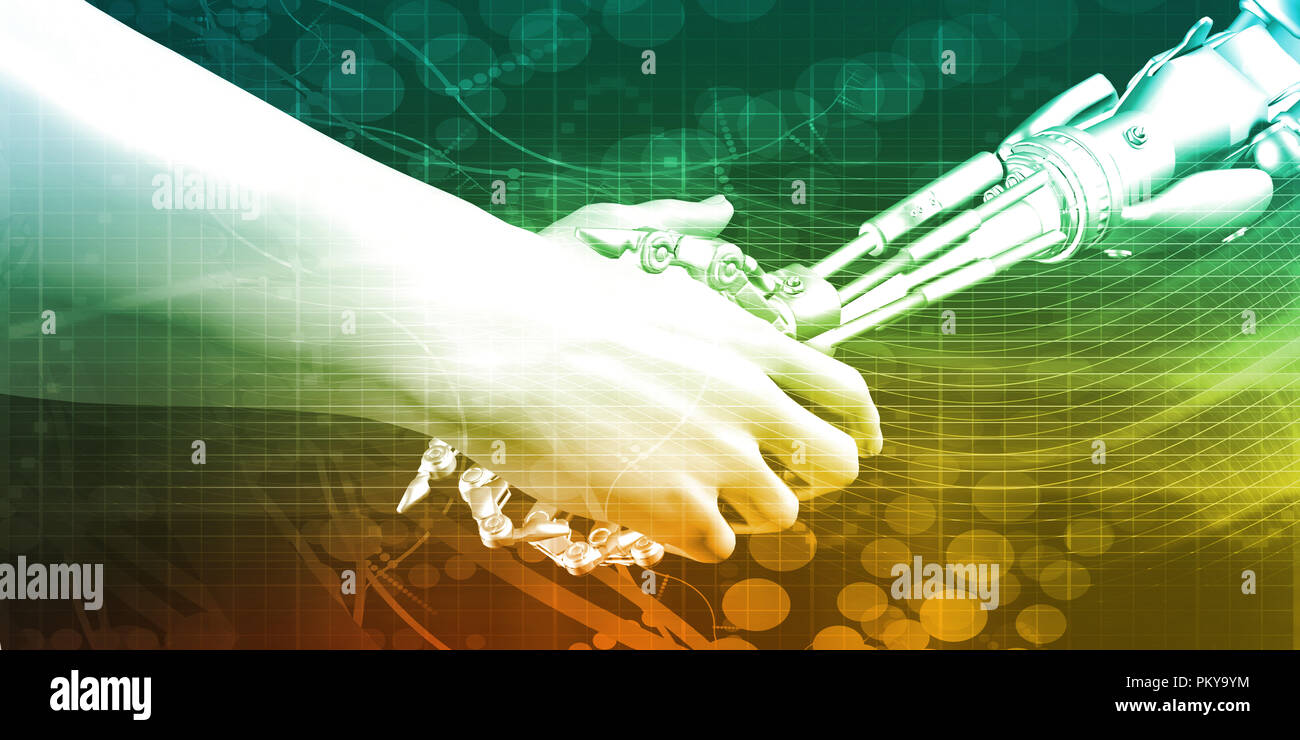 Man and Machine Robot Hand Handshake as Tech Concept Stock Photo - Alamy