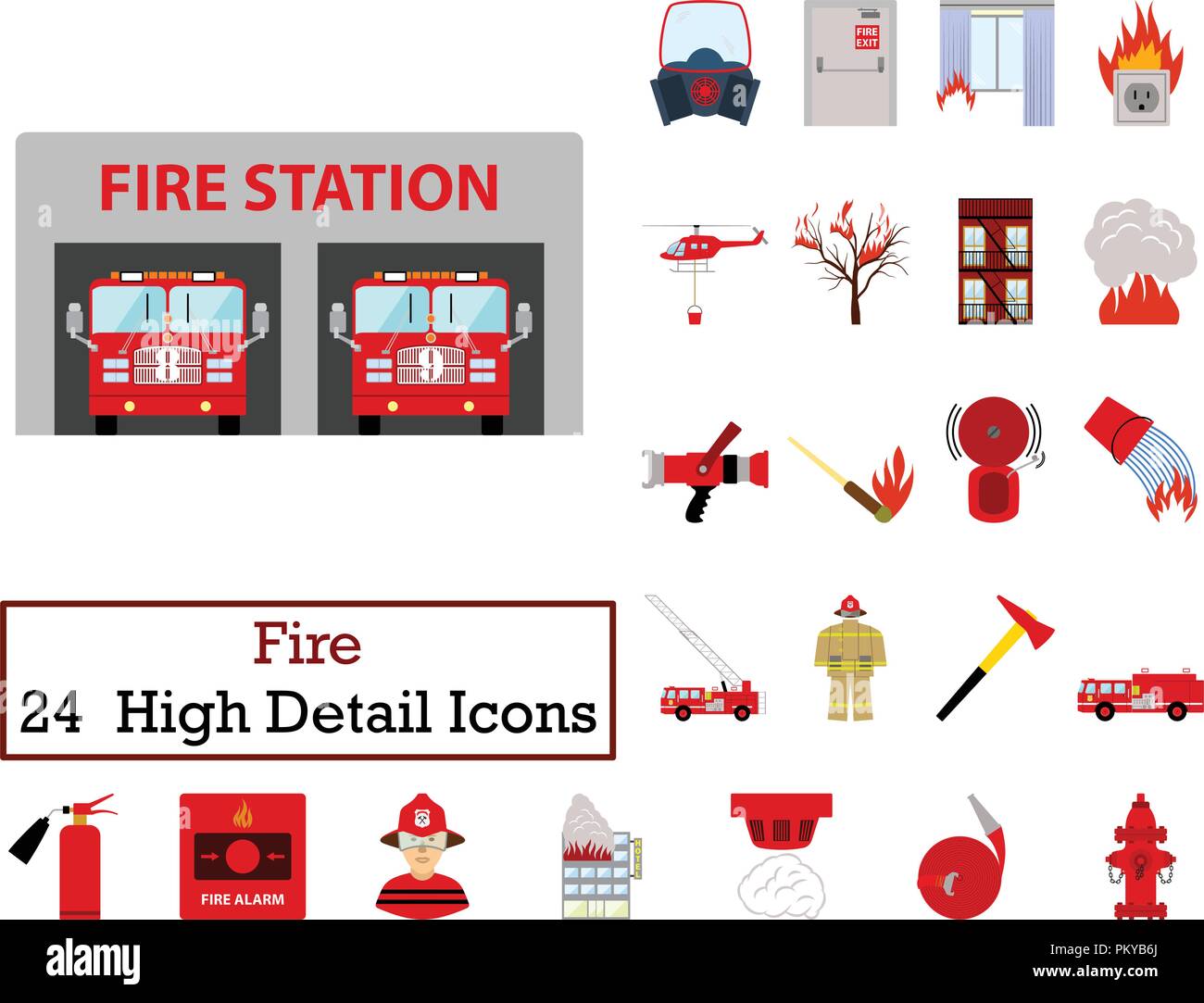 Set of 24 Fire Icons. Flat color design. Vector illustration Stock ...
