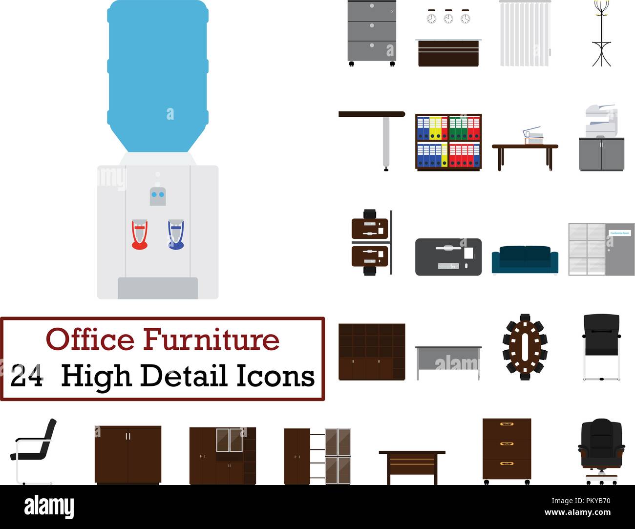 Set of 24 Office Furniture Icons. Flat color design. Vector illustration Stock Vector Image