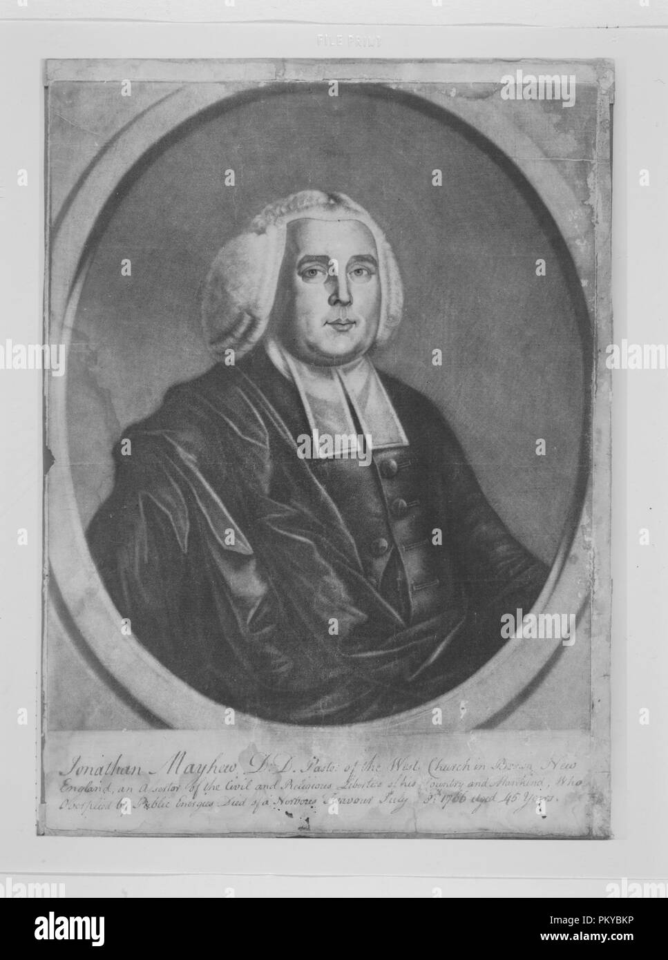 Jonathan Mayhew, D. D. Pastor of the West Church in Boston, New England. Artist: Painted and engraved by Richard Jennys, Jr. (American, active 1766-1801). Dimensions: irregularly trimmed to plate line: 14 1/4 x 10 1/4 in. (36.2 x 26 cm). Printer: Printed and sold by Nathaniel Hurd (American, Boston, Massachusetts 1729/30-1777 Boston, Massachusetts). Sitter: Jonathan Mayhew (American, Martha's Vineyard, Massachusetts 1720-1766 Boston, Massachusetts). Date: 1766. Museum: Metropolitan Museum of Art, New York, USA. Stock Photo