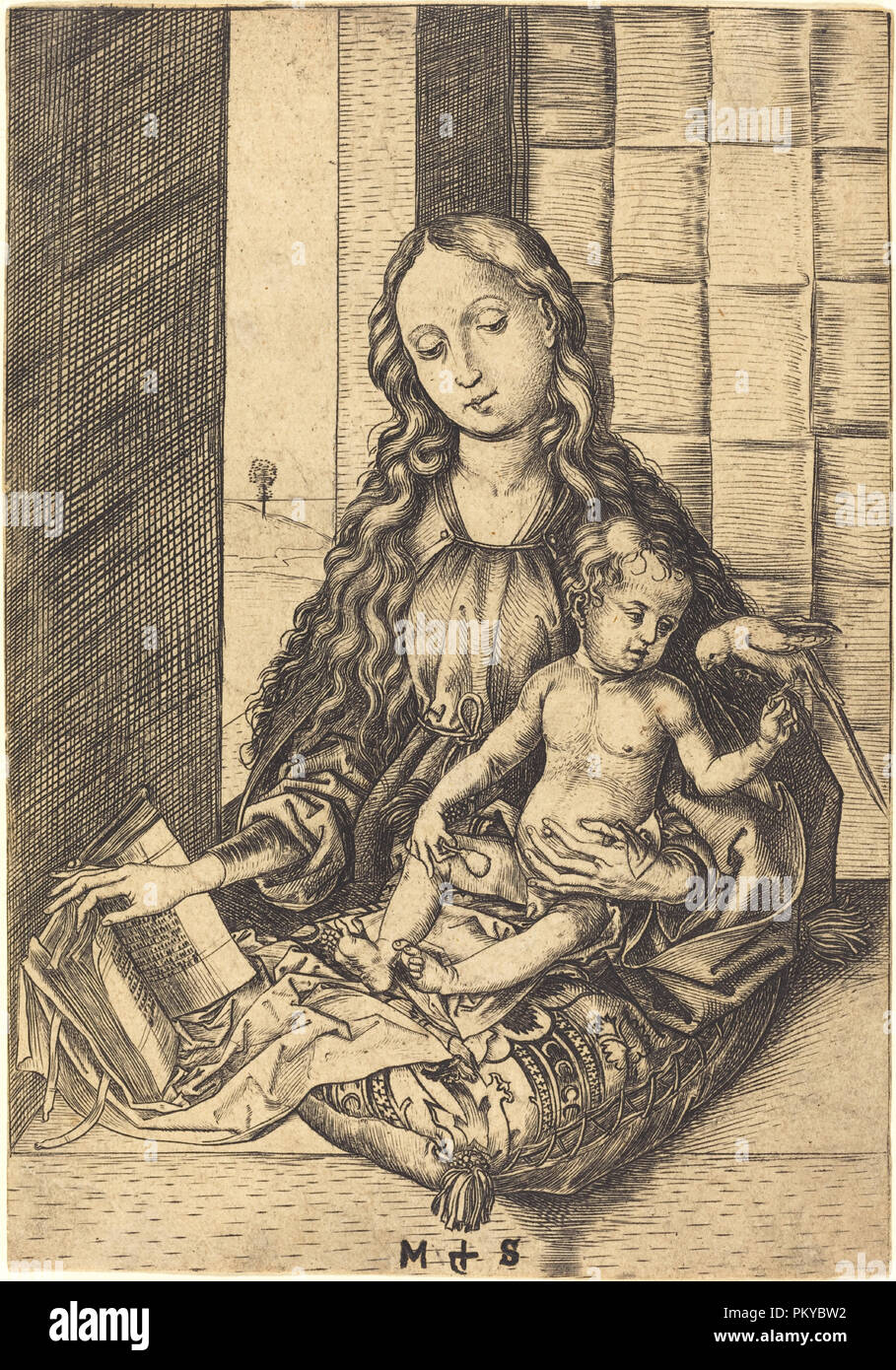 Madonna with a Parrot. Dated: c. 1470/1475. Medium: engraving. Museum: National Gallery of Art, Washington DC. Author: Martin Schongauer. Stock Photo