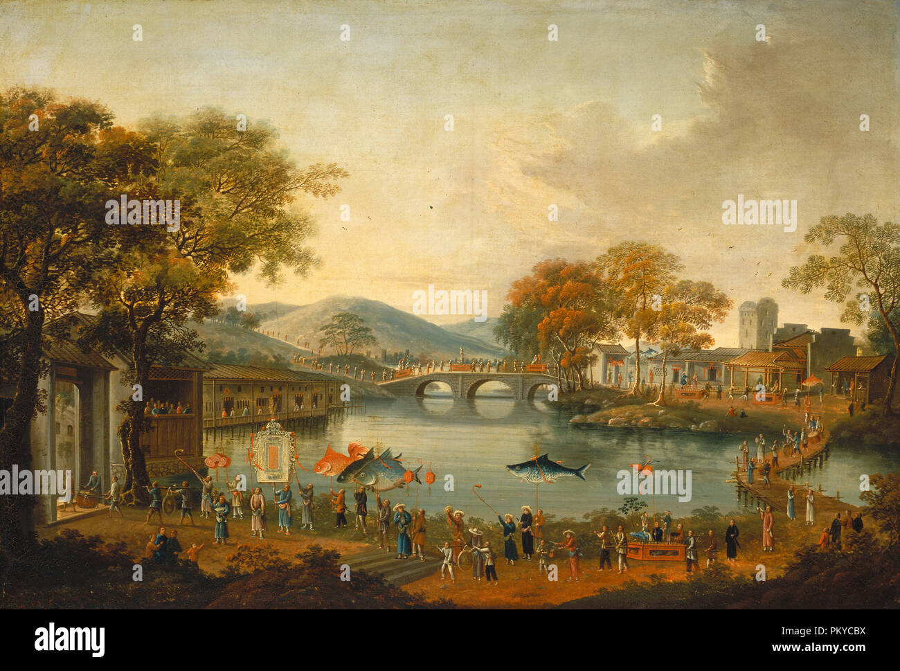 Procession by a Lake. Dated: 19th century. Dimensions: overall: 76.2 x 111.8 cm (30 x 44 in.)  framed: 92.7 x 128.3 x 5.1 cm (36 1/2 x 50 1/2 x 2 in.). Medium: oil on fabric. Museum: National Gallery of Art, Washington DC. Author: Chinese Qing Dynasty. Stock Photo