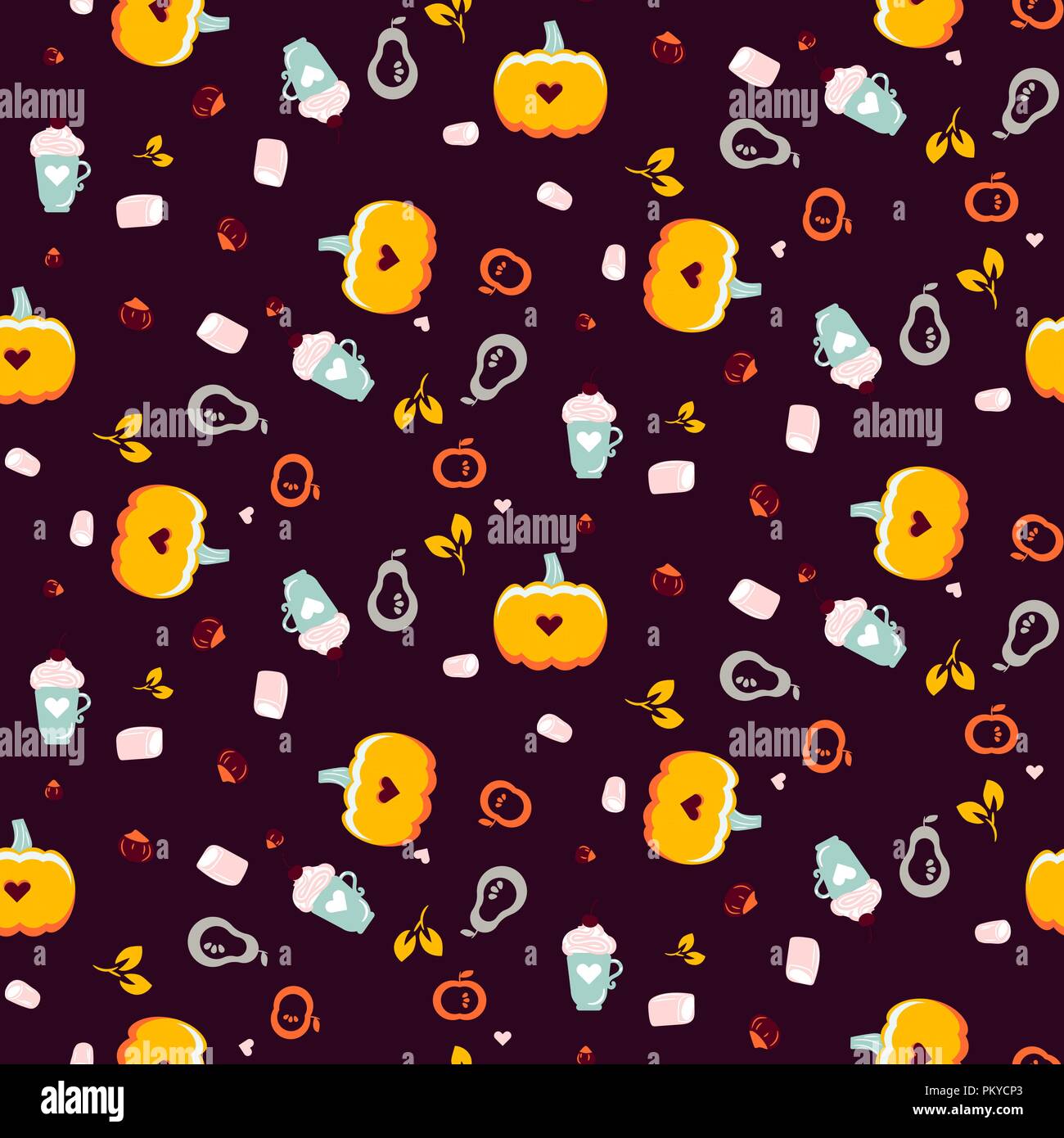 Autumn warm seamless vector pattern with pumpkins and coffee drinks. Stock Vector