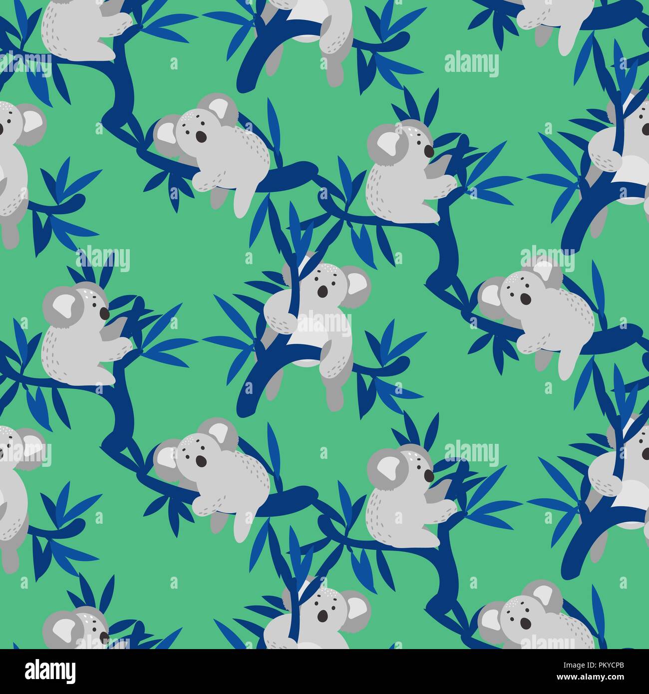 Seamless pattern with cute koala bears on eucalyptus tree. Stock Vector
