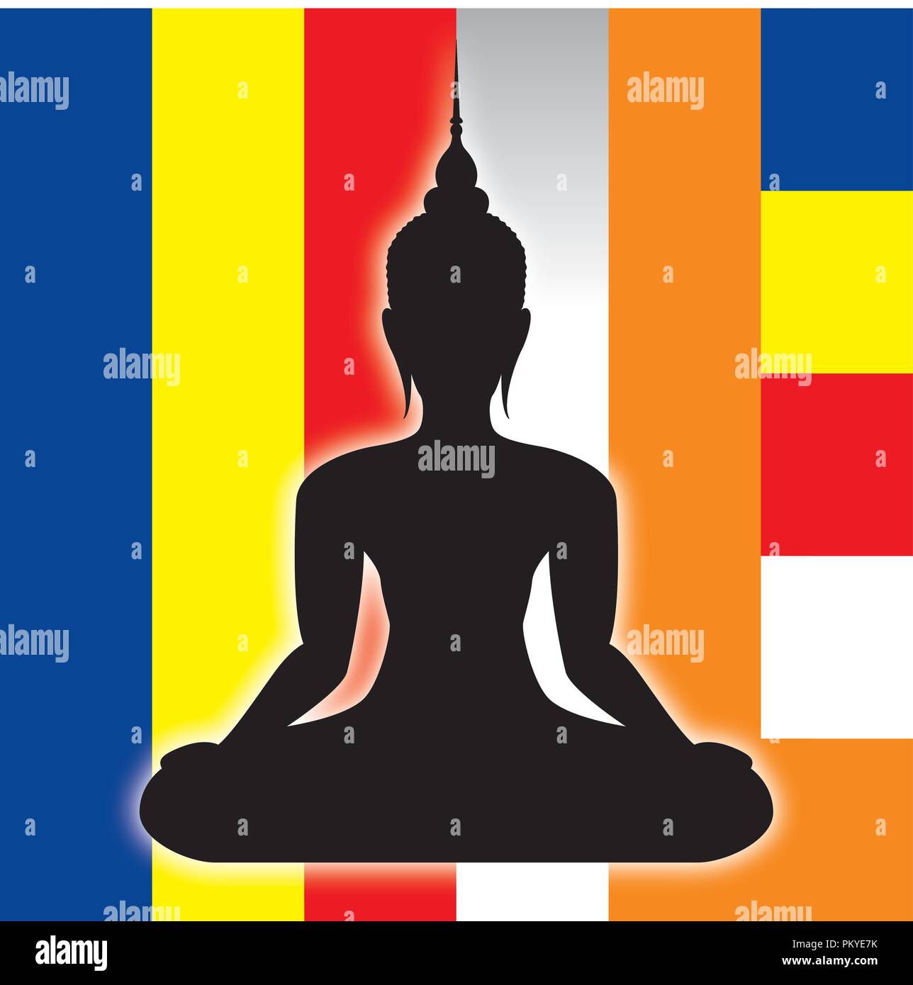 Buddah symbol silhouette and buddist flag, vector illustration Stock Vector