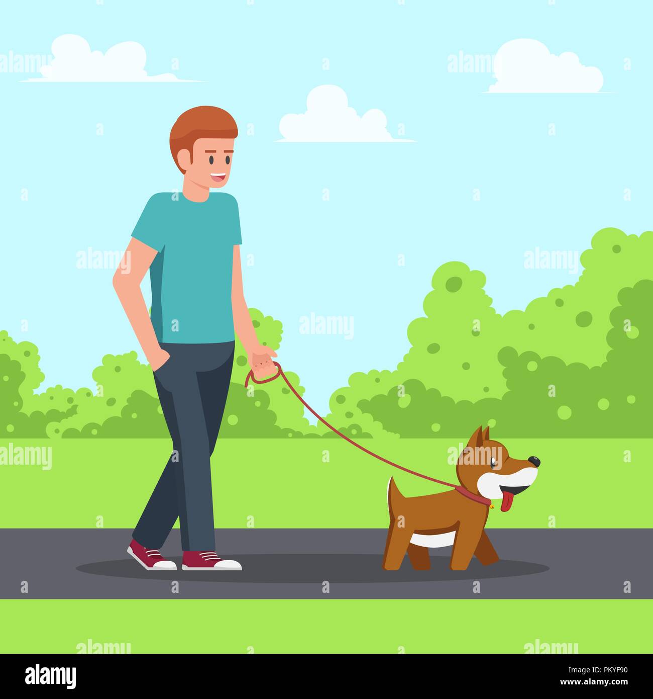 Man walking with his dog in the garden. urban life and relax concept. Stock Vector