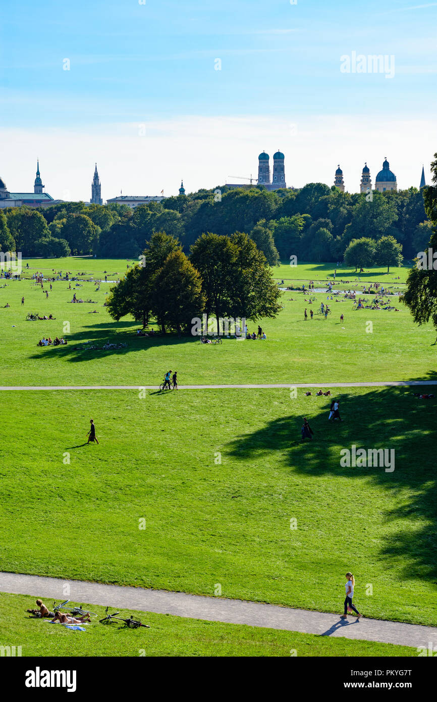 Munchen Munich Englischer Garten English Garden View From Temple Monopteros To City Center People Sunbather Meadow Church Frauenkirche Oberb Stock Photo Alamy