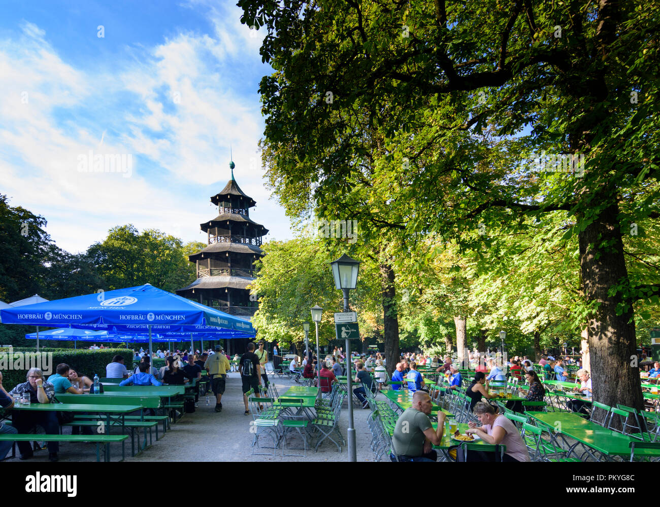 München, Munich: Biergarten am Chinesischen Turm (Beer garden at the Chinese tower) in Englischer Garten (English Garden), Oberbayern, Upper Bavaria,  Stock Photo