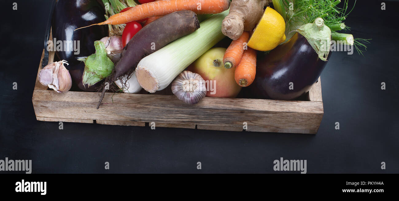Local fresh raw vegetables in wooden box. Panorama Stock Photo - Alamy