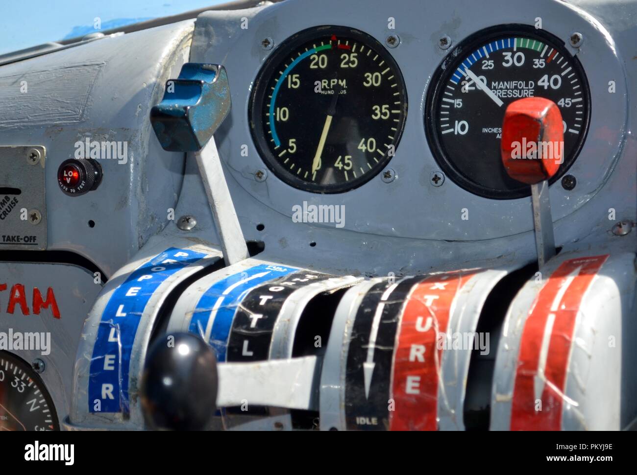 Flight controls and dashboard instrument panel of vintage retro De Havilland Beaver commercial aircraft Stock Photo