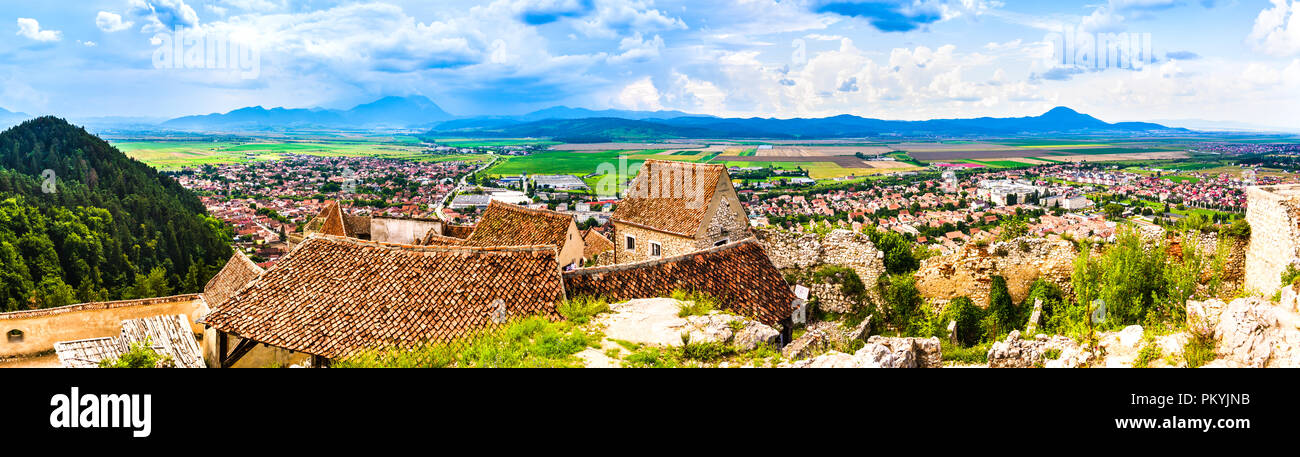 Rasnov, Romania: Panoramic view of the city as seen from the walls of the citadel. Stock Photo