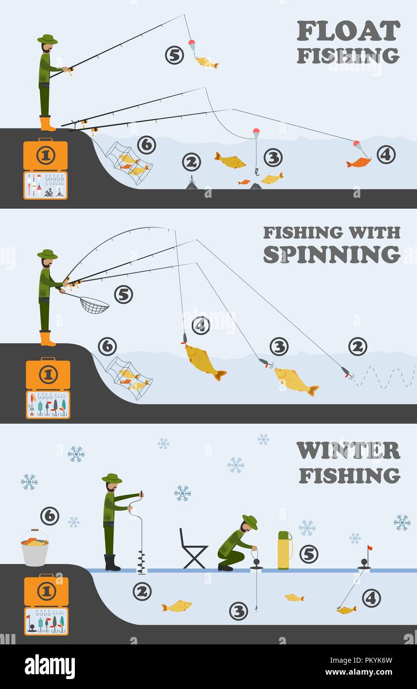 Fishing infographic. Float fishing, spinning, winter fishing. Set elements  for creating your own infographic design. Vector illustration Stock Vector  Image & Art - Alamy