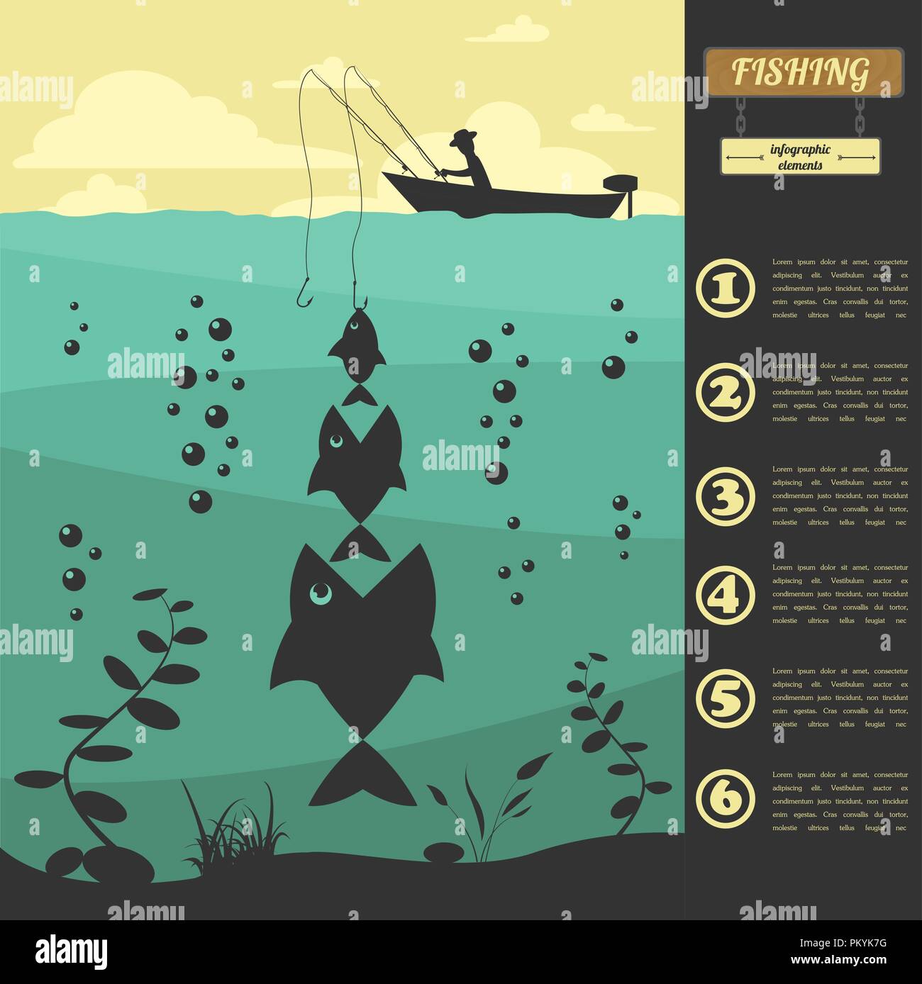 Fishing infographic elements. Set elements for creating your own infographic design. Vector illustration Stock Vector